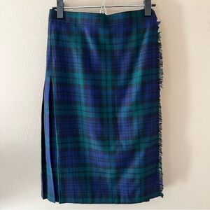 Highland Home Industries Wool Wrap Skirt Womens 12 Green Navy Plaid Scotland